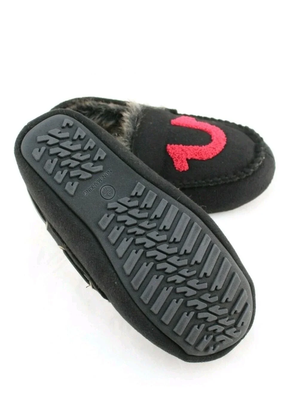 True Religion Black Faux Fur Moccasin Slipper with Red Logo